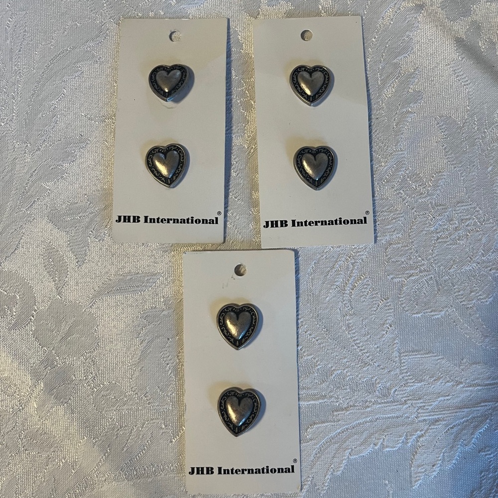 JHB International (6) Vintage Heart-Shaped Metal Shank Buttons Italy